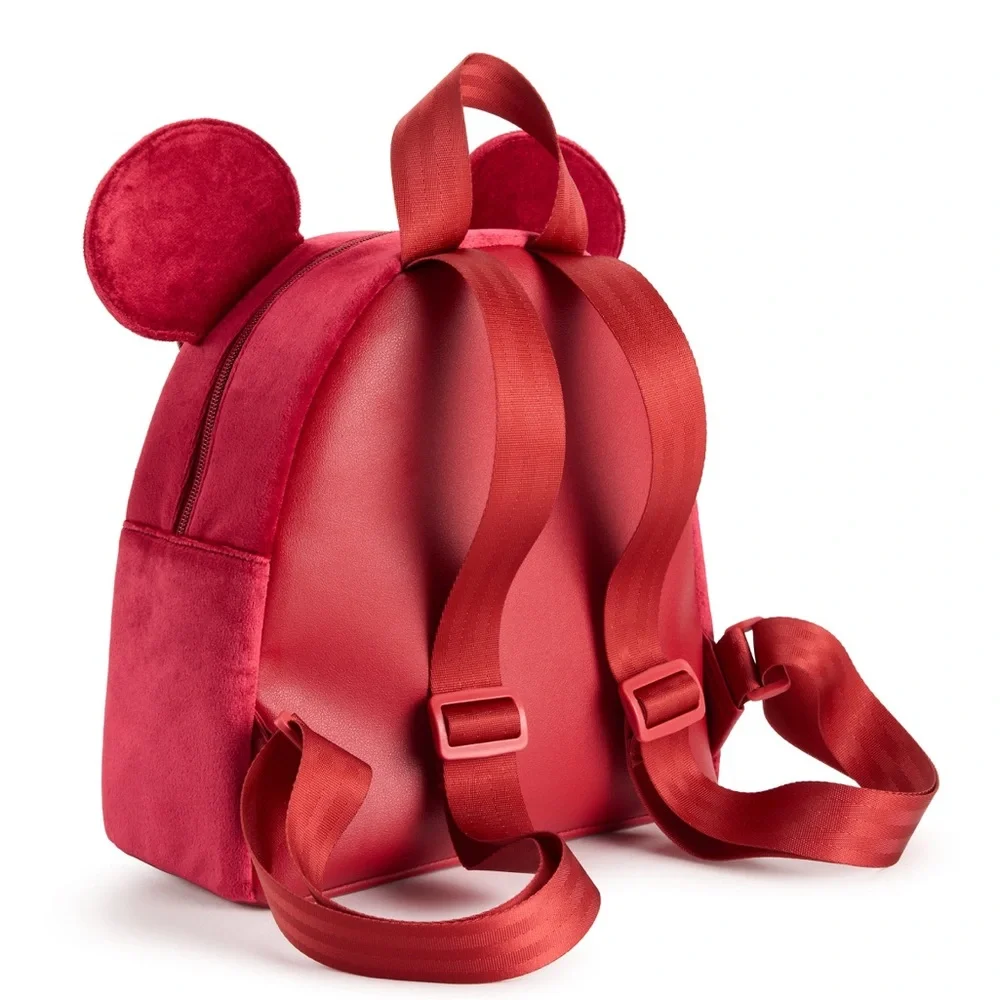 New Disney Minnie Mouse Red Velvet Backpack with 3D Bow & Ears.